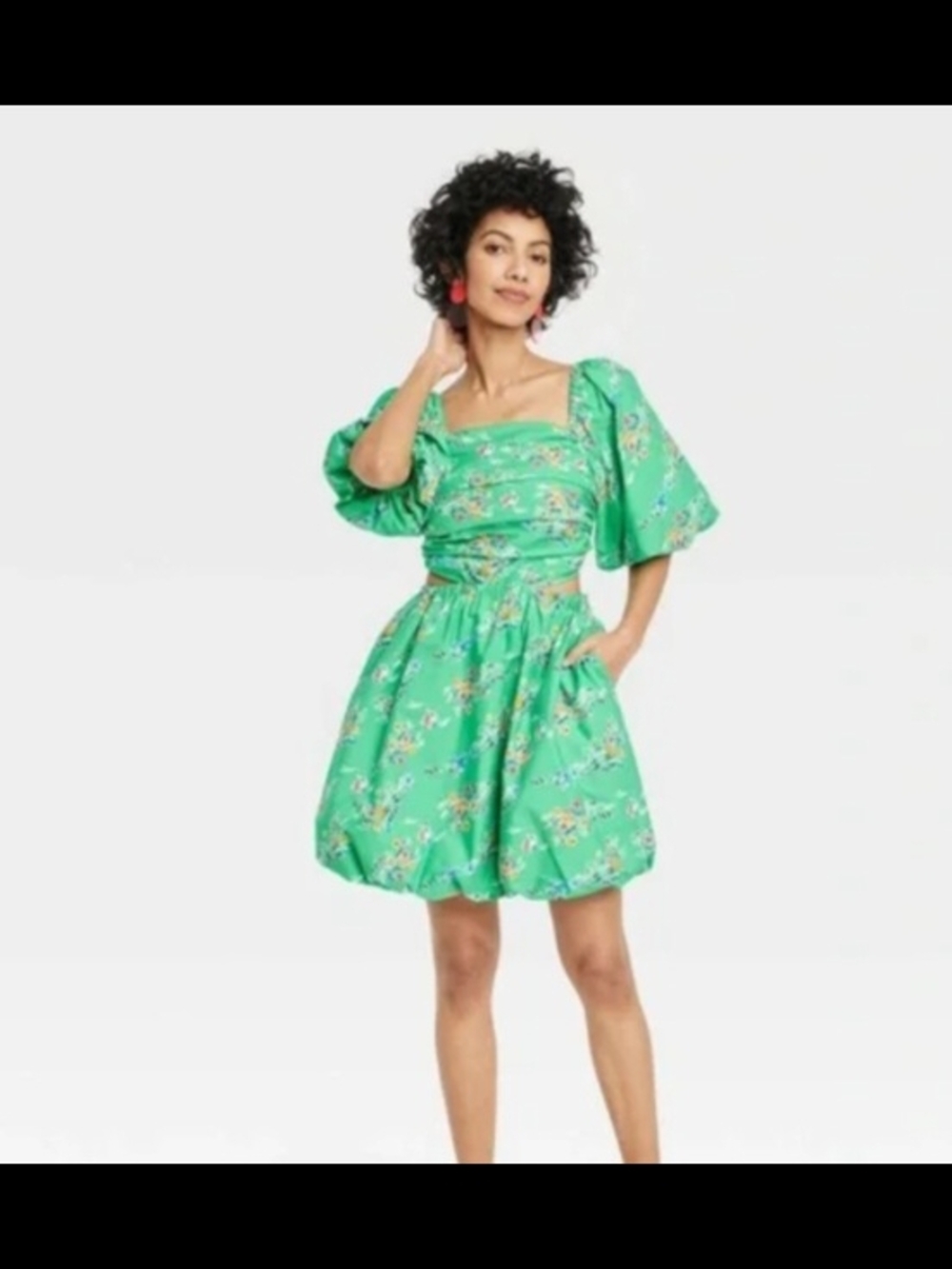 a new day Green Floral Puff-Sleeve Mini Dress